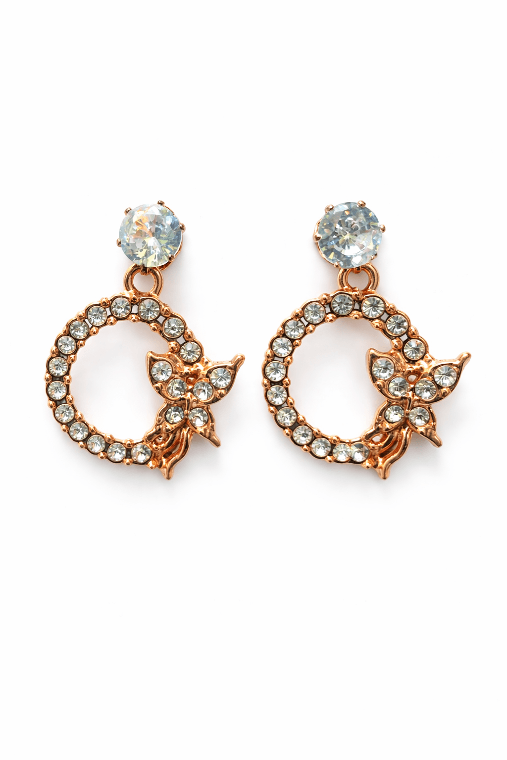 Rose Gold Butterfly Crystal Hoop Earrings for Women – 2.3cm Elegant Party Wear Earrings
