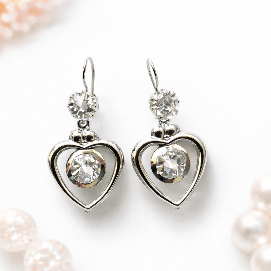 Silver Heart Shape Crystal Drop Earrings for Women | Party Wear Dangle Earrings