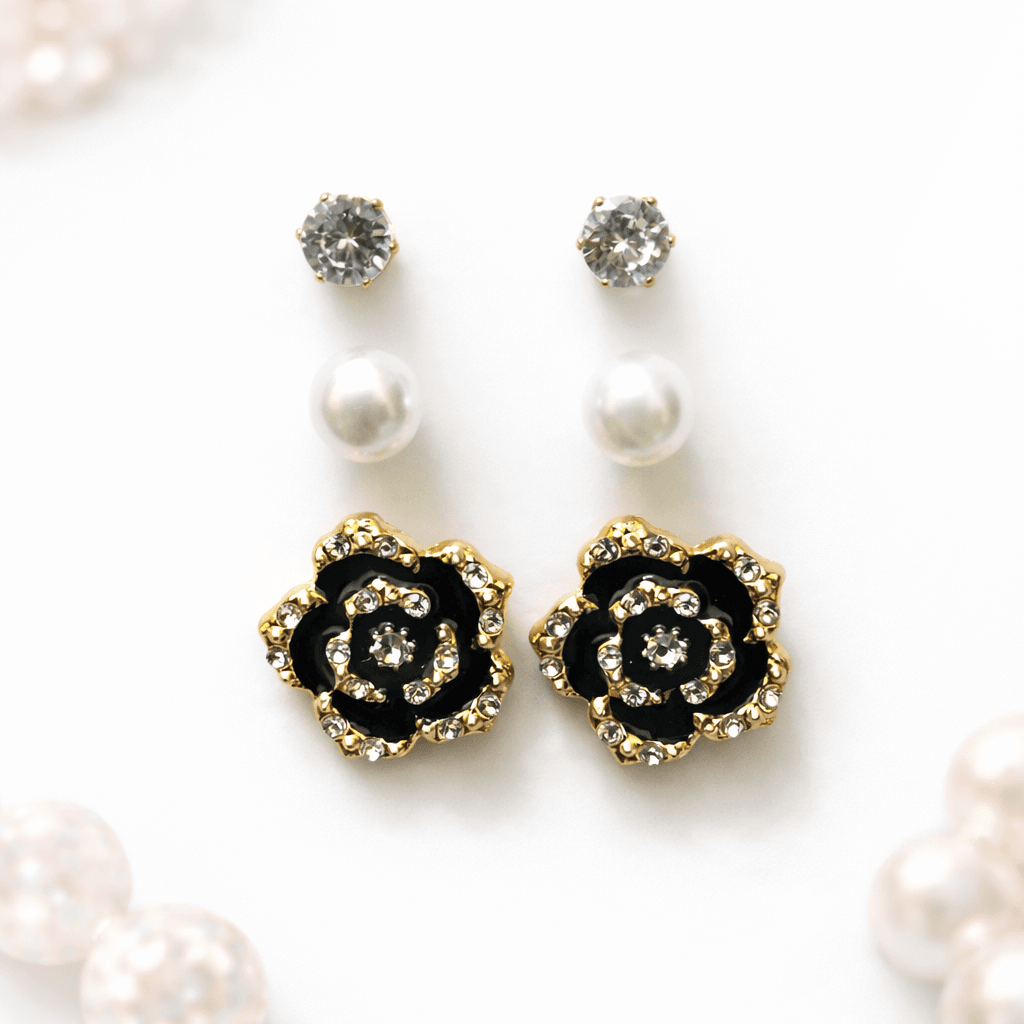 3 Pairs Stud Earrings Combo Set for Women | Crystal, Pearl & Black Floral Party Wear Earrings