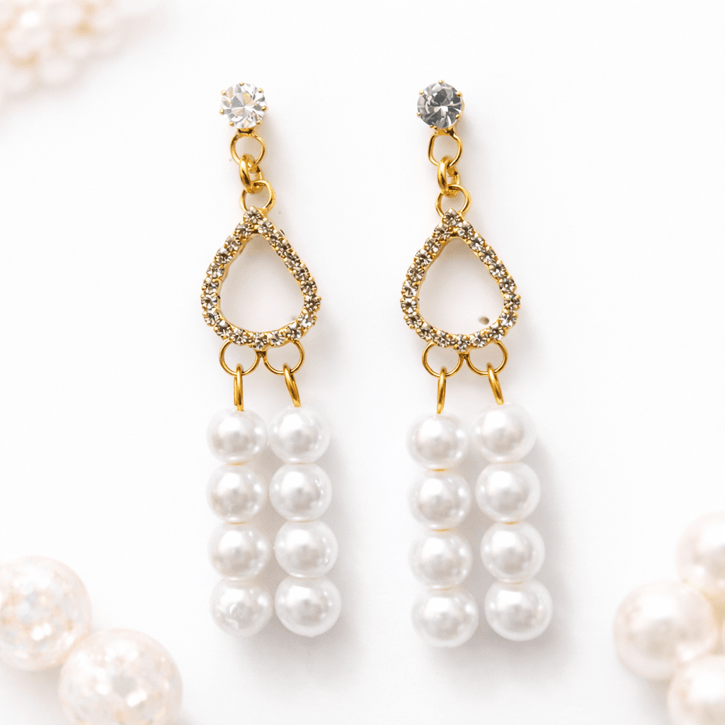 Gold Plated Long Pearl Drop Earrings for Women | Crystal Teardrop Party Wear Dangle Earrings