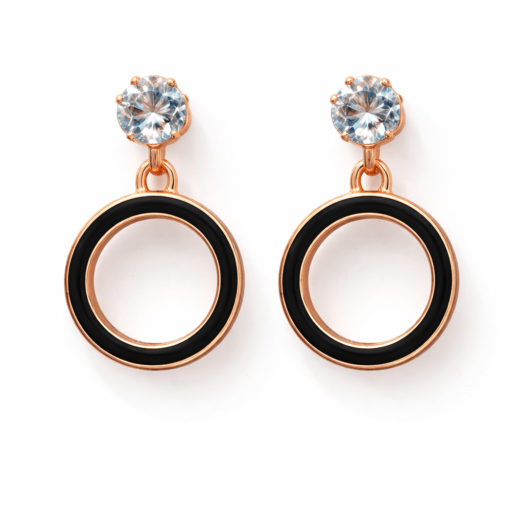 Rose Gold Black Round Drop Earrings for Women | Modern Crystal Stud Dangle Earrings