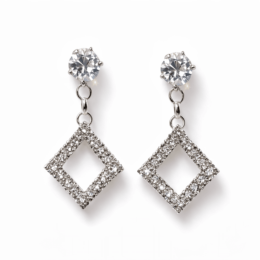 Silver CZ Square Drop Earrings for Women | Elegant Crystal Party Wear Dangle Earrings