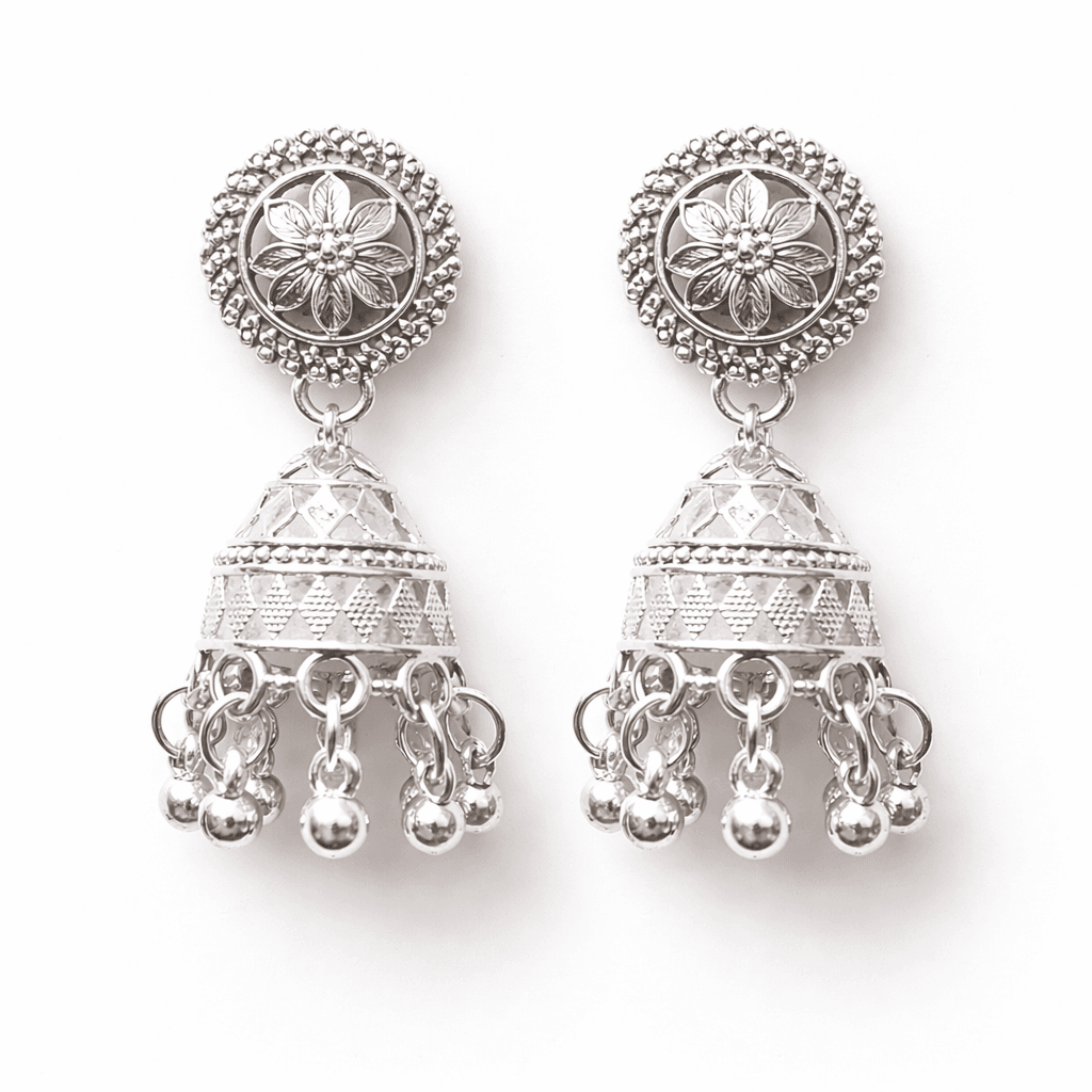 Oxidised Silver Floral Jhumka Earrings for Women | Traditional Ethnic Temple Jewellery