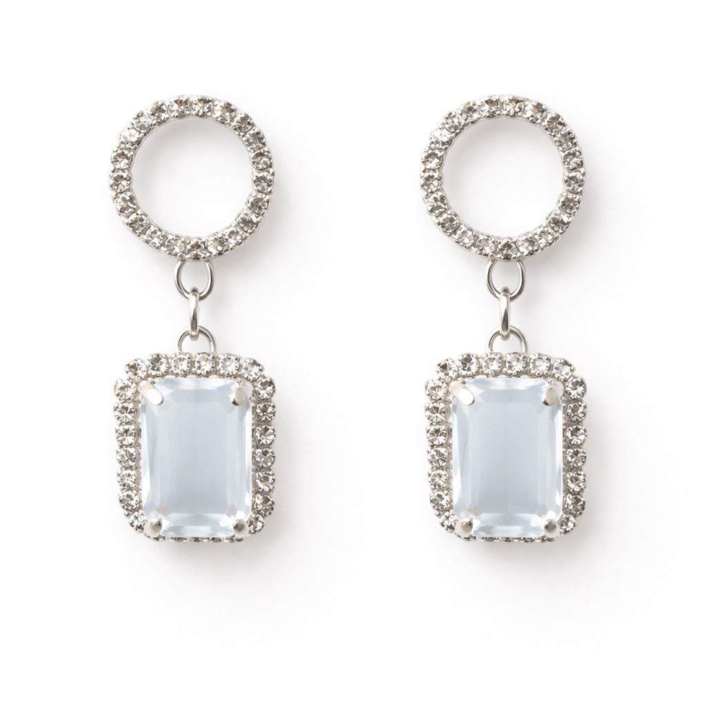 Silver Crystal Halo Drop Earrings for Women | Elegant Rectangular Stone Party Wear Jewellery