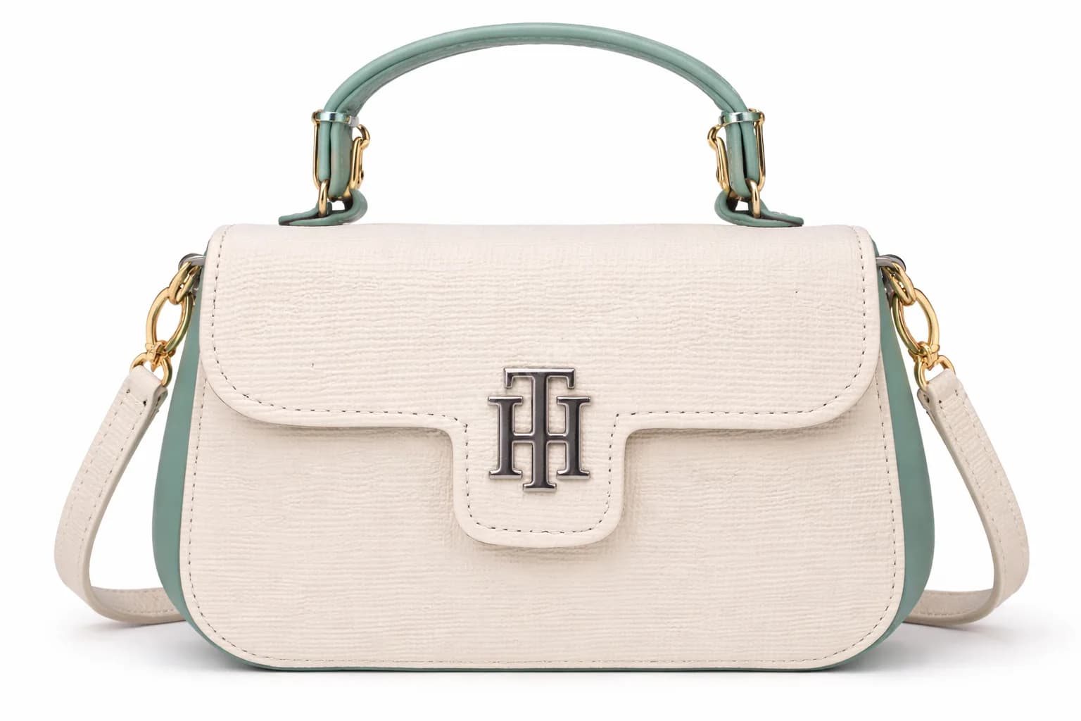 Elegant Cream & Green Women Handbag with Top Handle & Sling Strap