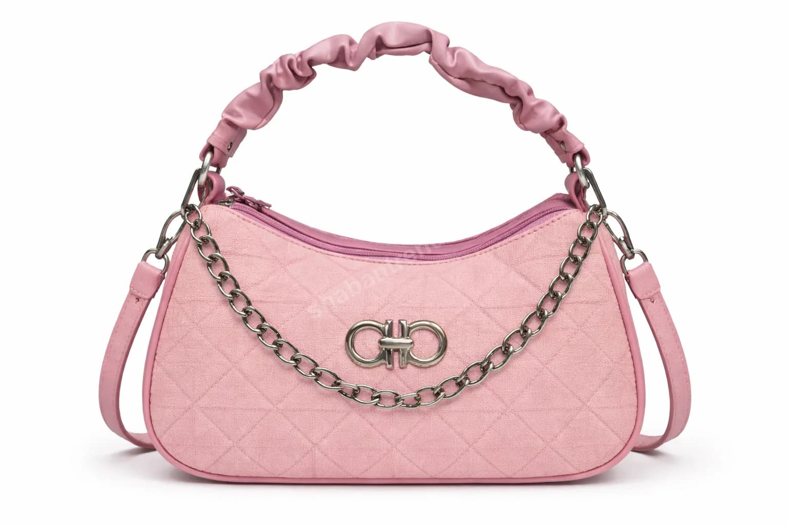 Stylish Pink Women Handbag with Chain Detail & Ruched Handle Sling Bag