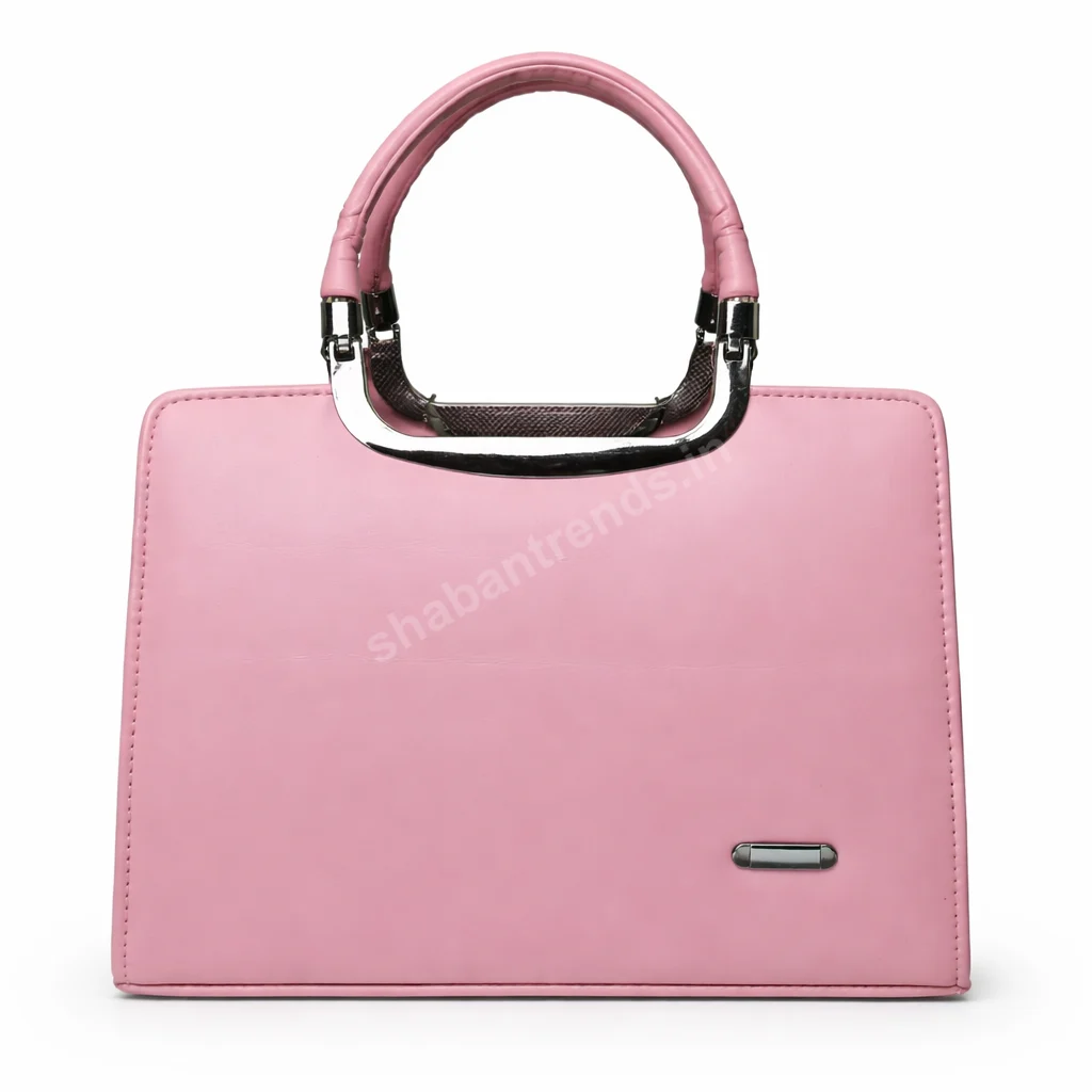Stylish Pink Women Handbag with Metal Handle & Multi-Compartment Storage